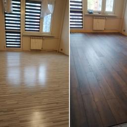 AM-Home kompleksowe usługi wykończeniowe - Porównanie podłogi przed i po remoncie: po lewej jasne panele imitujące drewno, po prawej ciemne panele ułożone w jodełkę, widoczne okno z żaluzjami poziomymi.