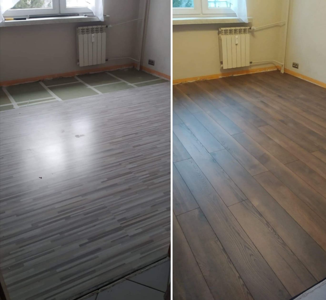 Porównanie: Pokój przed i po ułożeniu paneli podłogowych, widoczne panele w odcieniach szarości oraz brązowe panele drewnopodobne, grzejnik pod oknem.