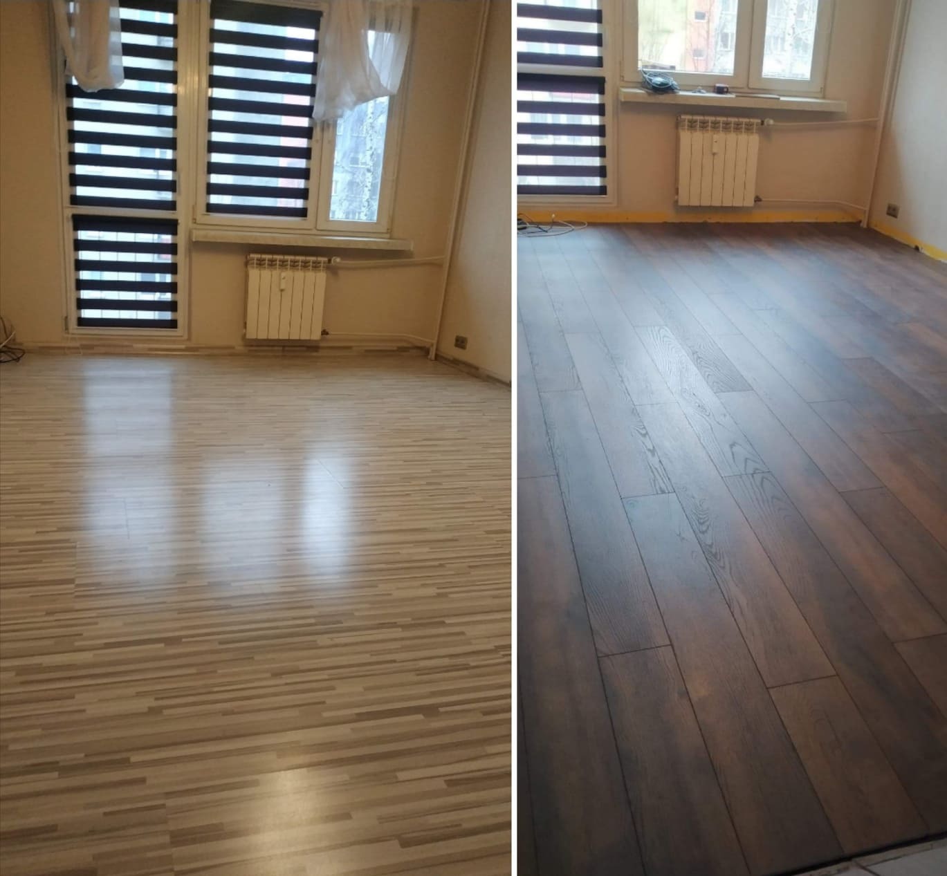 Porównanie podłogi przed i po remoncie: po lewej jasne panele imitujące drewno, po prawej ciemne panele ułożone w jodełkę, widoczne okno z żaluzjami poziomymi.