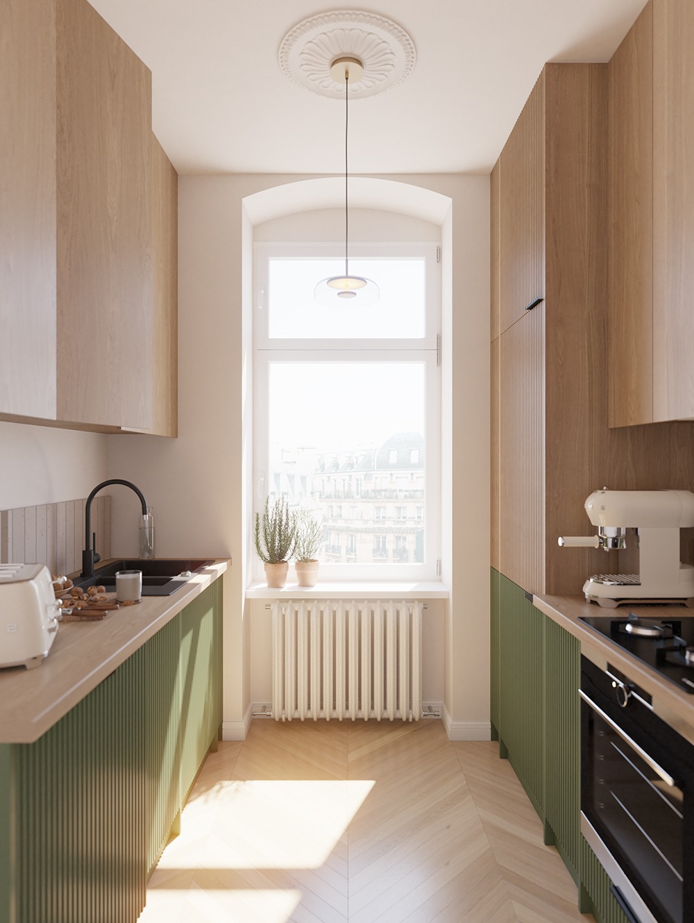 Wąska kuchnia w stylu skandynawskim z zielonymi frontami szafek i drewnianymi blatami, oświetlona naturalnym światłem z dużego okna z widokiem na miasto, uzupełniona białym ekspresem do kawy...