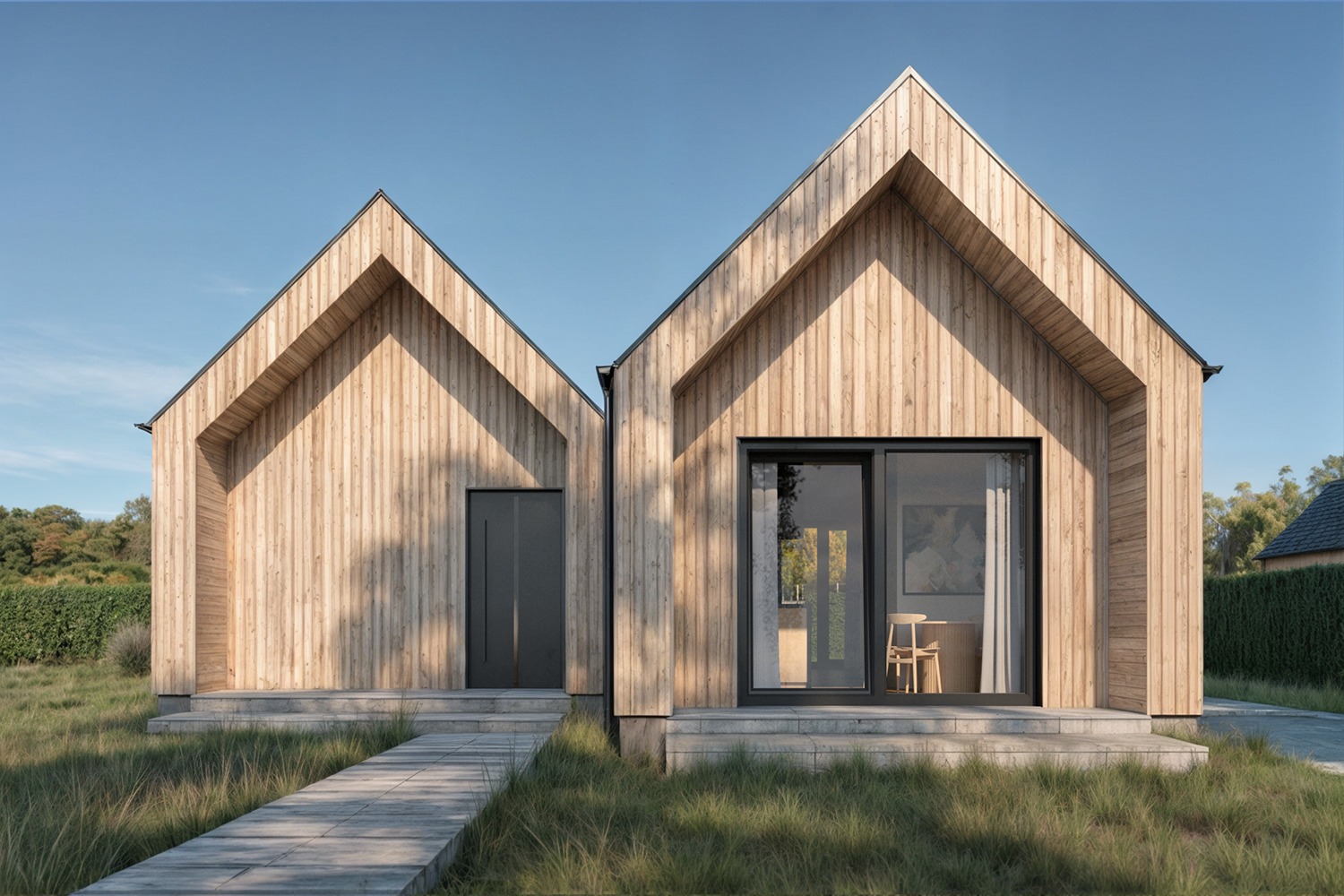 Nowoczesny dom z drewnianą elewacją o dwóch bryłach z dwuspadowymi dachami, połączonych ze sobą, z minimalistyczną stolarką okienną i drzwiową w kolorze antracytowym, otoczony zielenią.