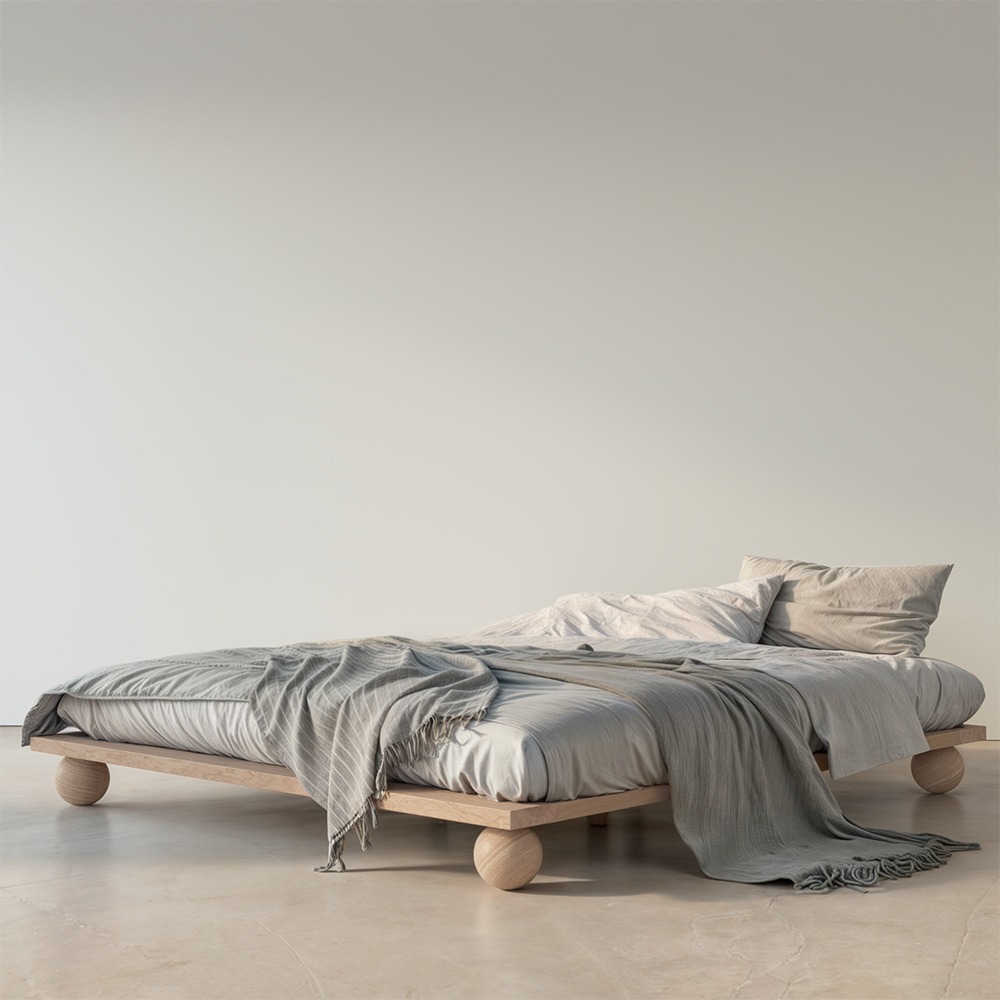 Minimalistyczna sypialnia z niskim łóżkiem na drewnianej ramie z okrągłymi nogami, przykrytym szarą pościelą i pledem w paski.