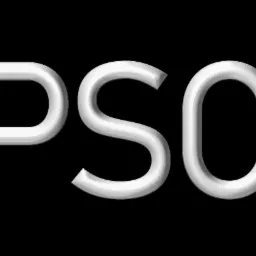 Błyszczący, srebrny napis PSC na czarnym tle, przypominający logo firmy.