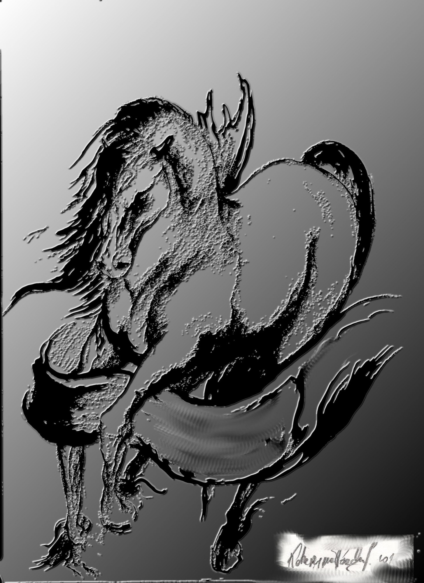 Na bazie pracy ołówkiem, skan rysunku wprowadzony do komputera i w Photoshopie przekształcony na rielif.