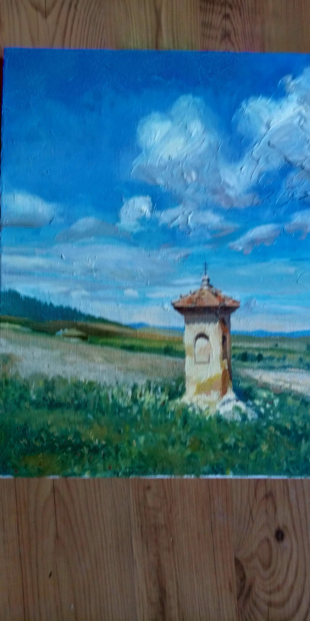 Marek Kossowski - akryl na płótnie, kapliczka krajobraz sudecki.