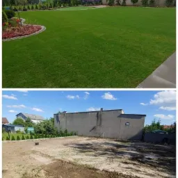 Porównanie stanu działki przed i po: na górze zielony trawnik z rabatami kwiatowymi i trampoliną, na dole teren przygotowany pod przyszły trawnik, widoczne ślady opon i resztki ziemi.