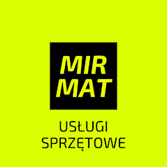 Logo firmy MIR MAT Usługi Sprzętowe na jaskrawożółtym tle. Czarny kwadrat z białym tekstem 'MIR MAT' nad napisem 'USŁUGI SPRZĘTOWE'.