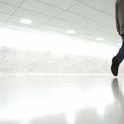 Błyszcząca, jasna posadzka w hali, odbijająca światło, z fragmentem osoby z plecakiem idącej w oddali.