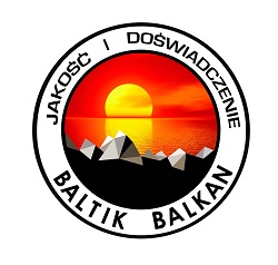 Logo firmy remontowej 'Baltik Balkan' z Warszawy. Okrągła grafika z motywem zachodu słońca nad morzem i gór, otoczona napisem 'Jakość i Doświadczenie'.