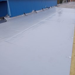 DREW-DOM Andrzej Antecki - Szare, płaskie pokrycie dachu przemysłowego z widocznymi metalowymi elementami mocującymi i niebieską blachą falistą na krawędzi, w tle drzewa z jesiennymi liśćmi.