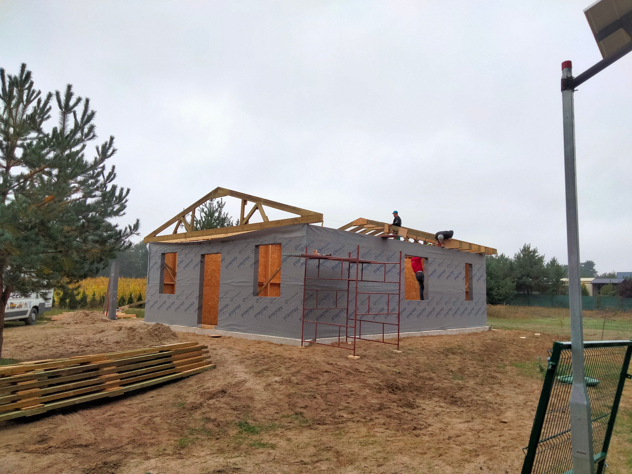 Wznoszenie konstrukcji domu z drewnianym szkieletem; widoczne rusztowania, izolacja zewnętrzna STROTEX, ekipa montażowa na dachu, stos drewna na pierwszym planie i sosna po lewej stronie.