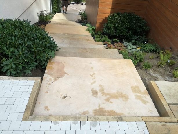 Betonowe schody zewnętrzne z widocznymi plamami i obrzeżem z jasnej kostki, otoczone zielenią i drewnianą ścianą.
