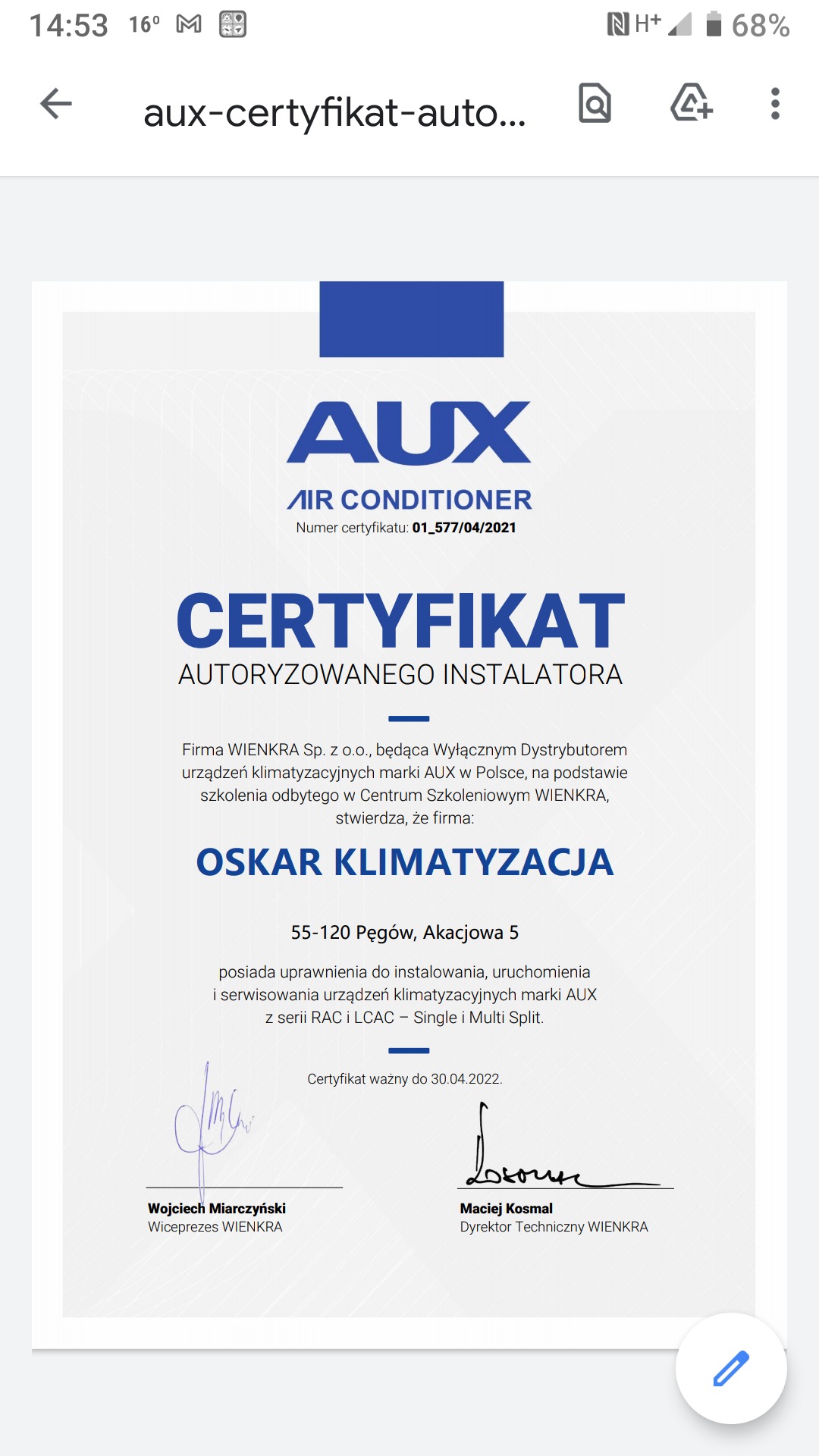Skan certyfikatu autoryzowanego instalatora klimatyzacji marki AUX, wystawionego dla firmy Oskar Klimatyzacja przez WIENKRA, z podpisami Wojciecha Miarczyńskiego i Macieja Kosmala.