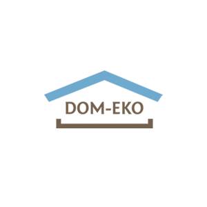 Logo firmy DOM-EKO przedstawiające stylizowany niebieski dach nad brązową podstawą, imitujące dom.
