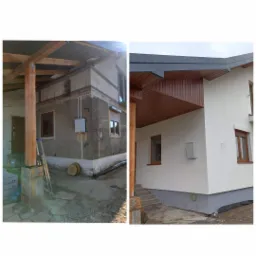 Zdjęcie przedstawia por&oacute;wnanie stanu elewacji budynku przed i po remoncie, ukazując r&oacute;żnicę w wyglądzie ścian, okien i otoczenia.