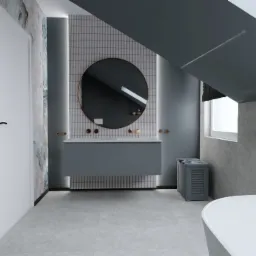 Wizualizacja łazienki na poddaszu z okrągłym lustrem, szarą szafką pod umywalką, dekoracyjną tapetą w liście i logo projektanta na ścianie.