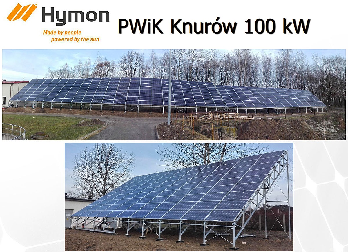Instalacja paneli słonecznych na metalowej konstrukcji, widok z dwóch perspektyw, logo Hymon w lewym górnym rogu, napis PWiK Knurów 100 kW.