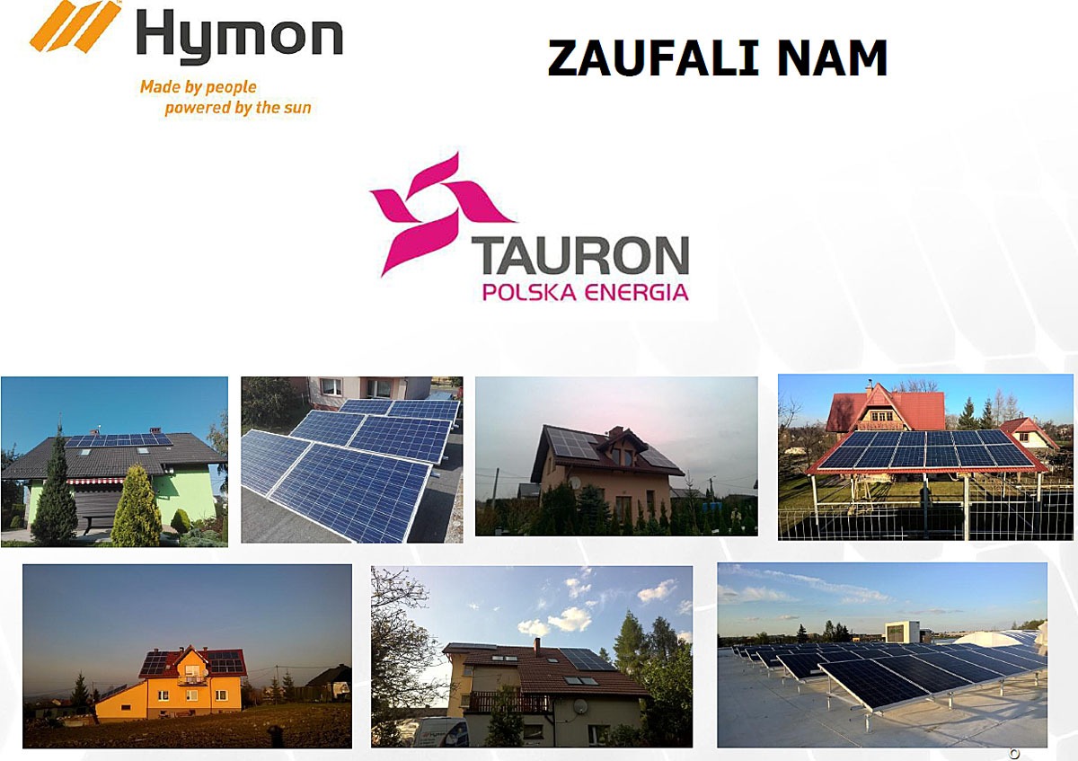 Kompilacja zdjęć z instalacji paneli słonecznych na dachach domów i budynków, z logotypami firm Hymoń i Tauron oraz napisem 'Zaufali nam'.
