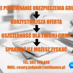 Reklama porównania ubezpieczeń grupowych z hasłami o korzyściach, kalkulatorem i danymi kontaktowymi Nationale Nederlanden.