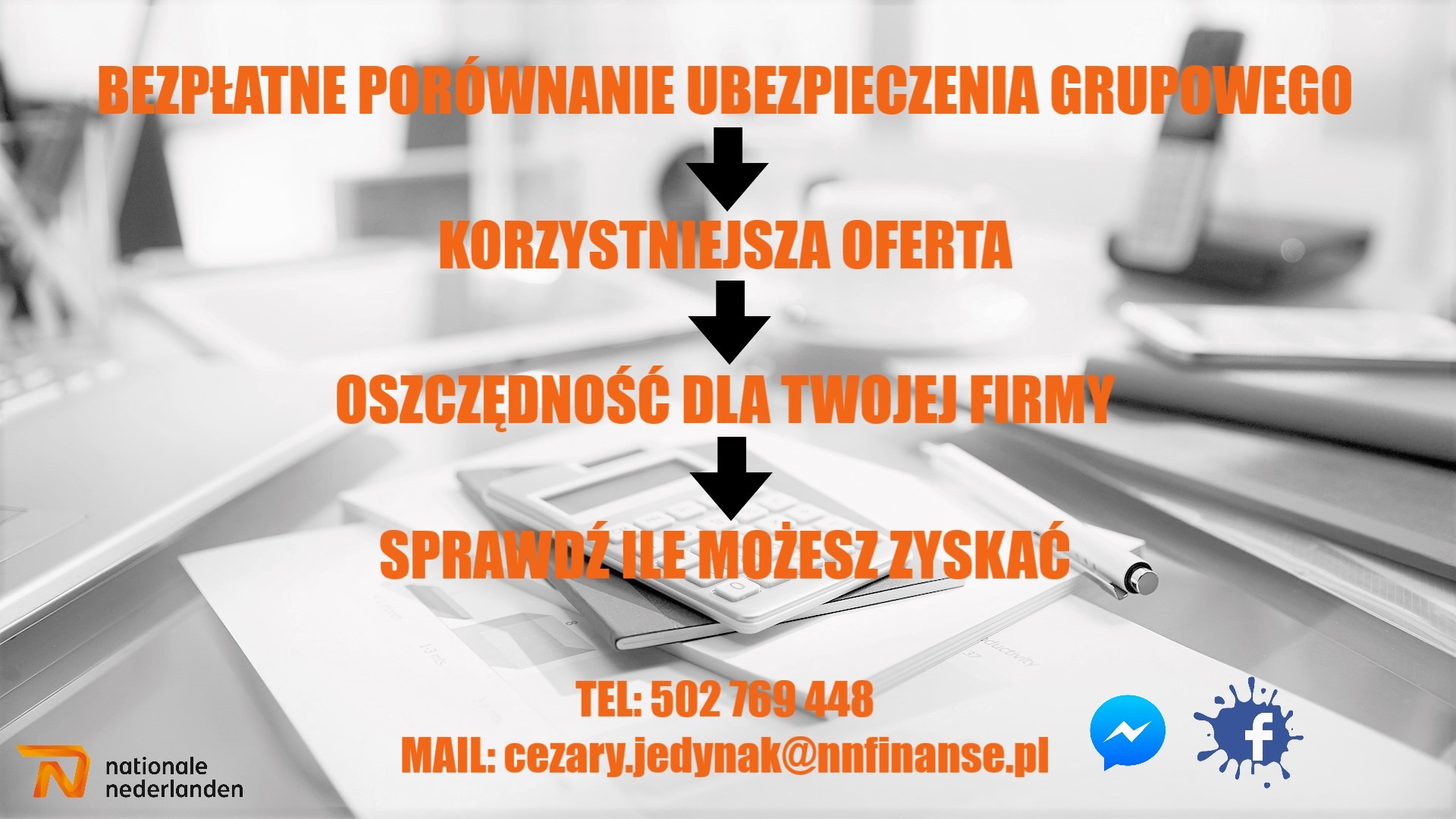 Reklama porównania ubezpieczeń grupowych z hasłami o korzyściach, kalkulatorem i danymi kontaktowymi Nationale Nederlanden.