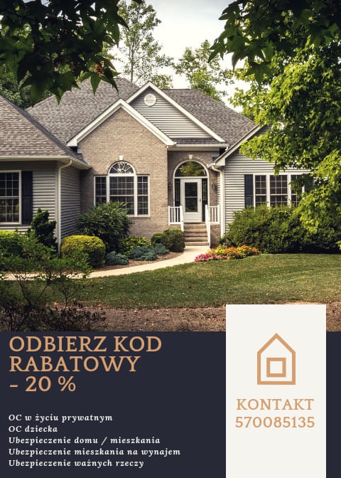 Promocja ubezpieczenia domu: Elegancki dom jednorodzinny z zadbanym ogrodem, oferta z kodem rabatowym -20% na ubezpieczenie domu, OC w życiu prywatnym i OC dziecka oraz kontakt telefoniczny.