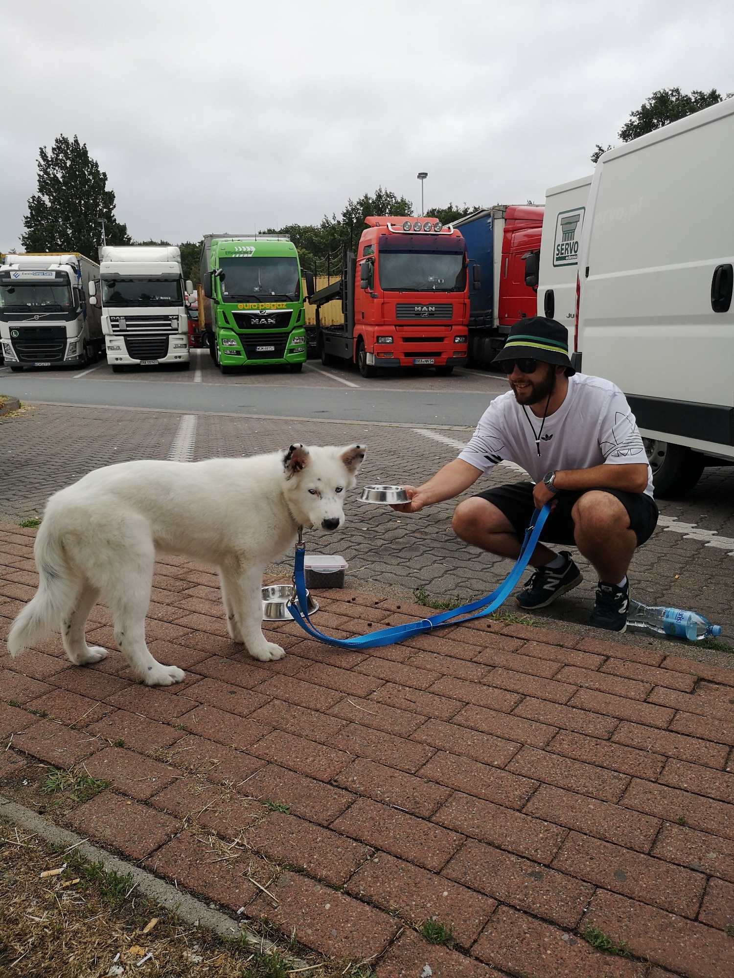 Kierowca w okularach i kapeluszu karmi psa na parkingu dla ciężarówek, w tle zaparkowane TIR-y różnych marek i kolorów.