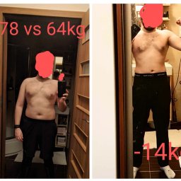 BanyGym Illegal Studio - Porównanie sylwetki mężczyzny przed i po odchudzaniu, z widoczną różnicą w wadze 78 kg vs 64 kg, pokazujące efekt treningu personalnego i diety.