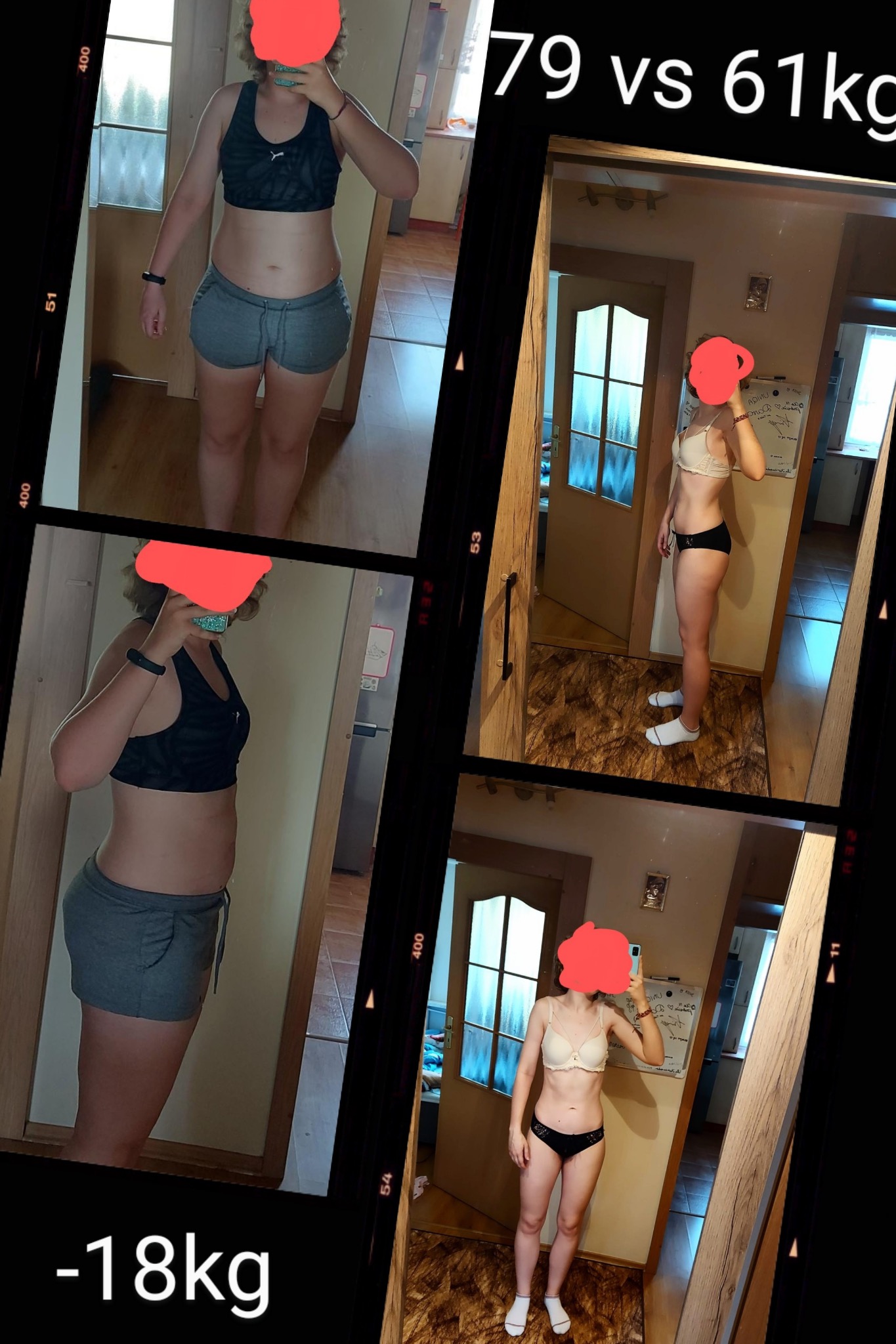 Kolaż zdjęć kobiety przed i po odchudzaniu, z widoczną różnicą w sylwetce i napisem '79 vs 61kg' oraz '-18kg'.