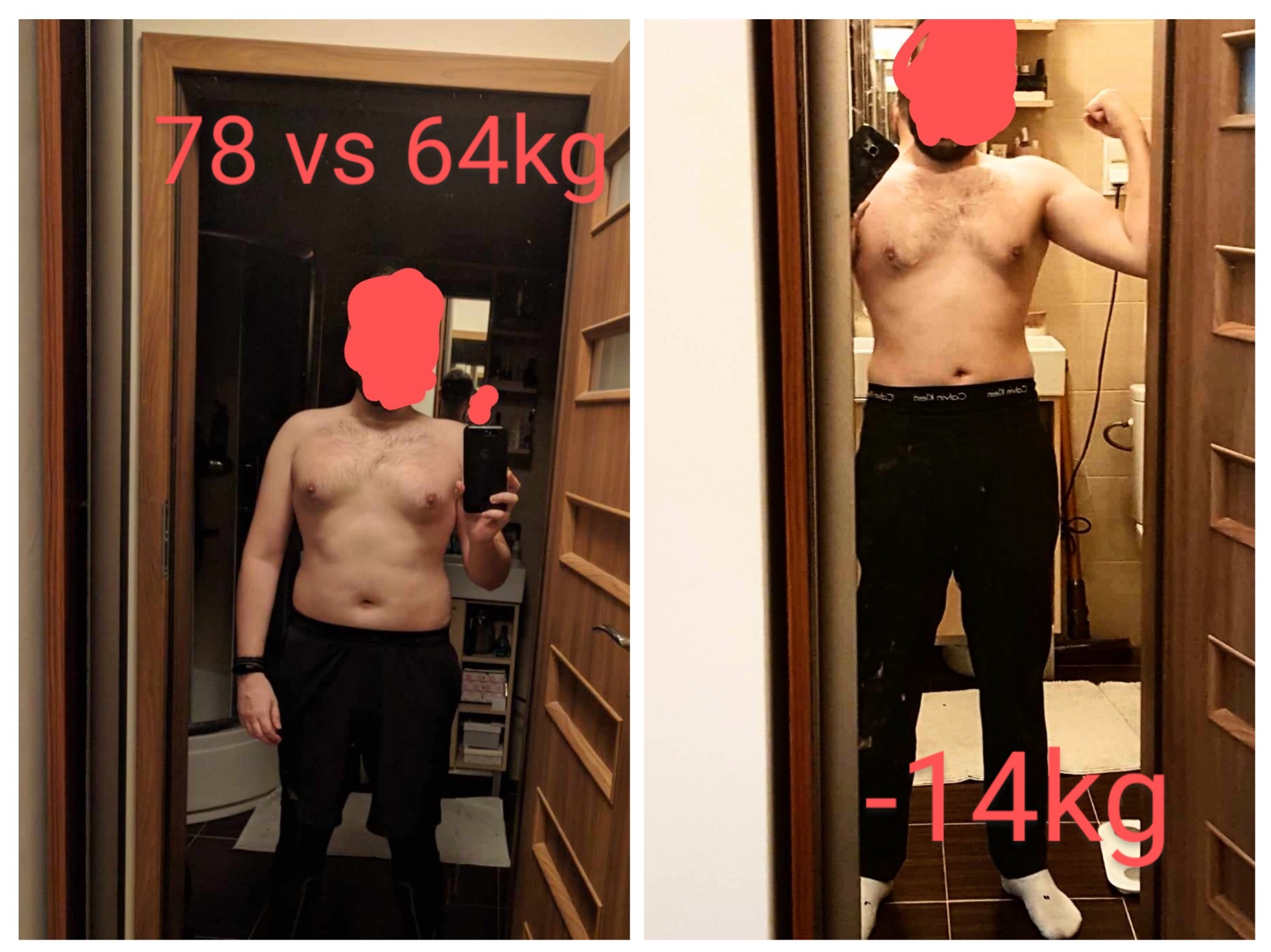 Porównanie sylwetki mężczyzny przed i po odchudzaniu, z widoczną różnicą w wadze 78 kg vs 64 kg, pokazujące efekt treningu personalnego i diety.