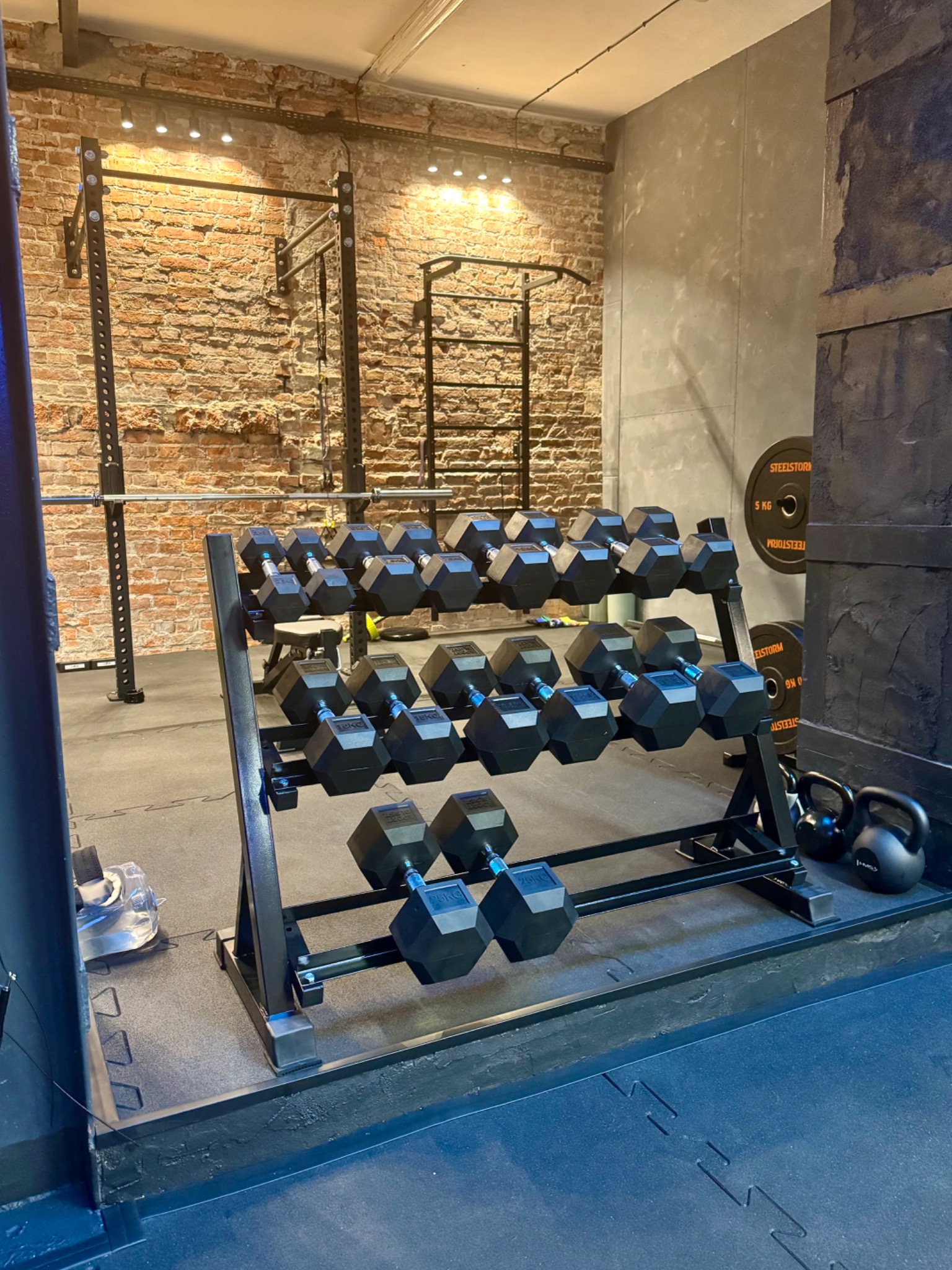 Regał z czarnymi hantlami sześciokątnymi w siłowni z ceglaną ścianą w tle, widoczne także sztangi, kettlebells i drabinka gimnastyczna.