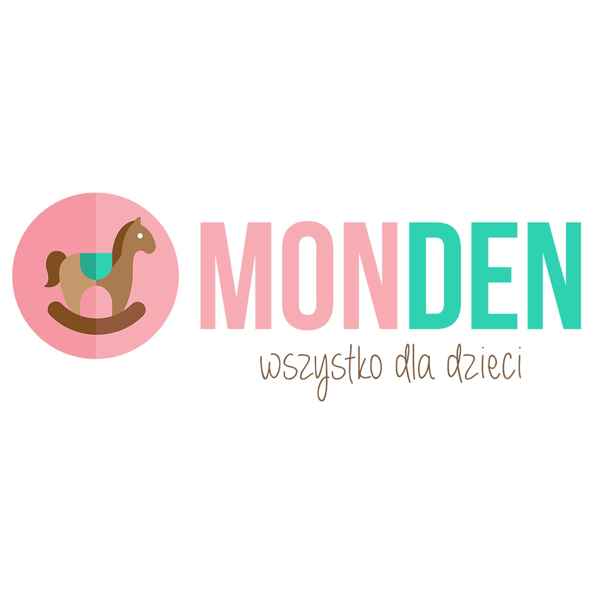 Logo sklepu internetowego z zabawkami: stylizowany konik na biegunach w kółku, obok napis 'MONDEN' w kolorach różowym i turkusowym oraz dopisek 'wszystko dla dzieci'.