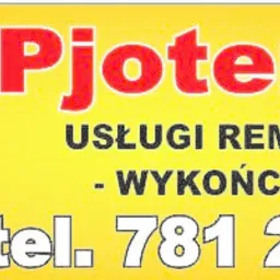 Grafika reklamowa firmy PjoterBud z numerem telefonu 781 262 122, oferującej usługi remontowo-wykończeniowe, obok nazwy firmy widoczny wałek i pędzel malarski.