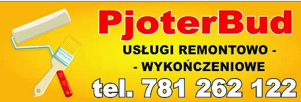 Grafika reklamowa firmy PjoterBud z numerem telefonu 781 262 122, oferującej usługi remontowo-wykończeniowe, obok nazwy firmy widoczny wałek i pędzel malarski.