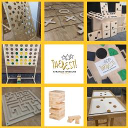 The Best Atrakcje Weselne - Kolaż drewnianych gier i atrakcji na imprezy, w tym kółko i krzyżyk na podłodze, domino XXL, labirynt, Jenga i inne, oferowanych w Rzeszowie.