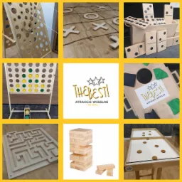 Kolaż drewnianych gier i atrakcji na imprezy, w tym kółko i krzyżyk na podłodze, domino XXL, labirynt, Jenga i inne, oferowanych w Rzeszowie.