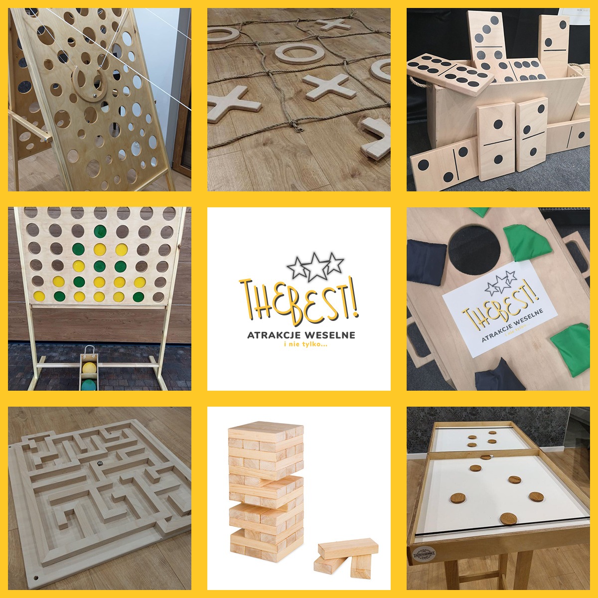 Kolaż drewnianych gier i atrakcji na imprezy, w tym kółko i krzyżyk na podłodze, domino XXL, labirynt, Jenga i inne, oferowanych w Rzeszowie.