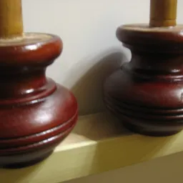 Dwa drewniane, toczone elementy dekoracyjne z brązową bejcą, umieszczone na półce. Widoczne słoje drewna i delikatne refleksy światła.