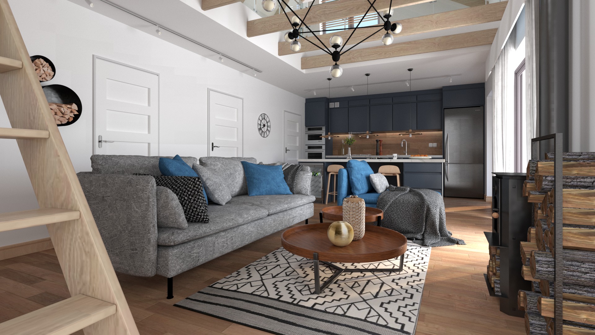 Jasne wnętrze domu z szarym narożnikiem, drewnianym stołem kawowym i schodami drabinkowymi, z widokiem na otwartą kuchnię z ciemnymi szafkami i drewnianym blatem.