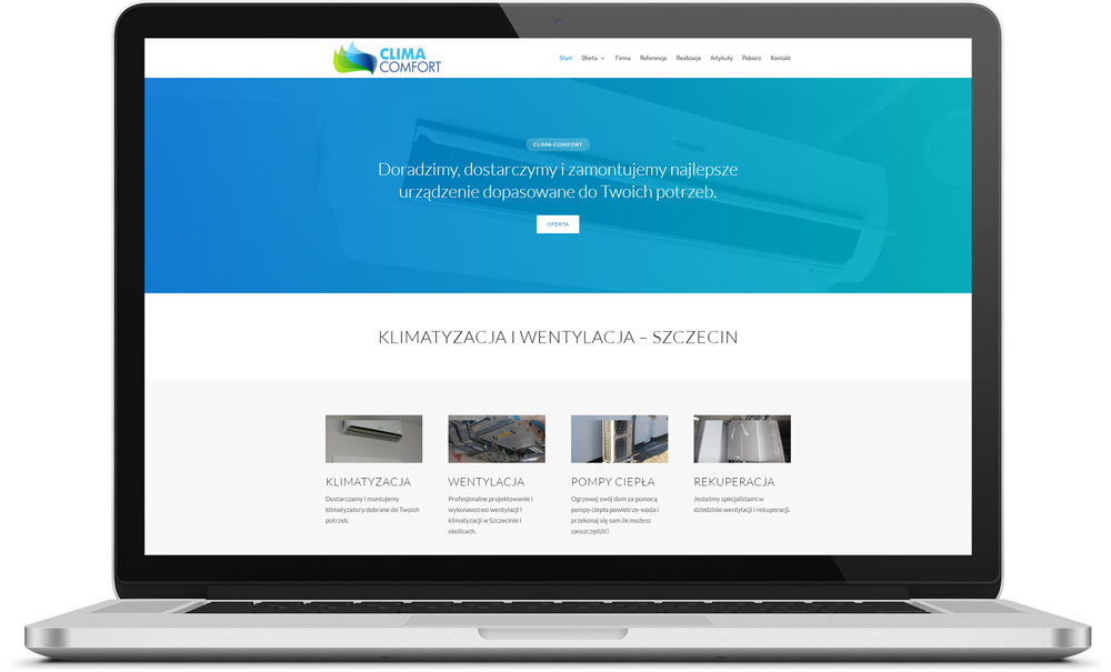 Laptop wyświetlający stronę internetową firmy Clima-Comfort z ofertą klimatyzacji i wentylacji w Szczecinie, na stronie widoczny klimatyzator Samsung.