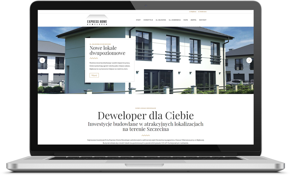 Laptop wyświetlający stronę internetową EH Deweloper (ehdeweloper.pl) z wizualizacją nowoczesnych, dwupoziomowych lokali mieszkalnych w Szczecinie.