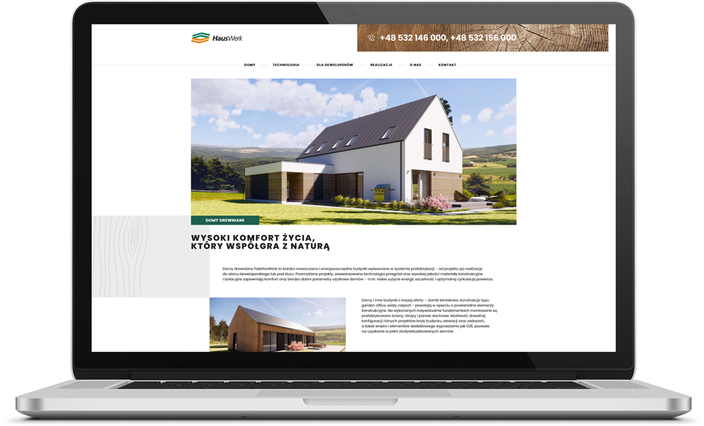 Ekran laptopa wyświetlający stronę internetową HausWerk (home.palettenwerk.pl) prezentującą wizualizację nowoczesnego domu z ogrodem w słoneczny dzień.