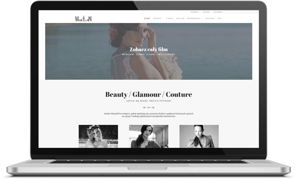 Ekran laptopa wyświetla stronę internetową MarylaW (marylaw.pl) z fotografią modelki w sukni ślubnej na tle jeziora, nagłówkiem 'Beauty/Glamour/Couture' i trzema miniaturami zdjęć.