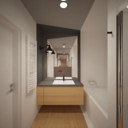 Katarzyna Steczko Widok Architekci - Wizualizacja łazienki z drewnianą podłogą i szafką pod umywalką, nad którą wisi podświetlane lustro. Widoczna wanna z białymi płytkami i grzejnik drabinkowy.