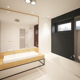 Katarzyna Steczko Widok Architekci - Wizualizacja nowoczesnej łazienki z drewnianym blatem pod umywalką, heksagonalnymi płytkami na ścianie i kabiną prysznicową typu walk-in.