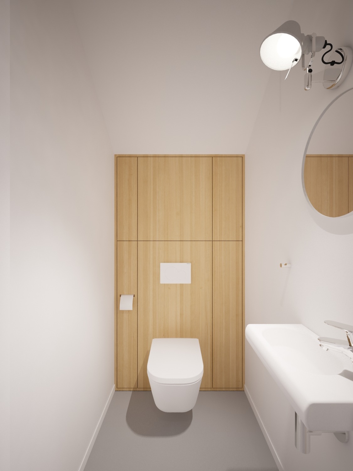 Minimalistyczna łazienka z wiszącą toaletą, umywalką i szafkami z jasnego drewna, oświetlona lampą w stylu industrialnym.