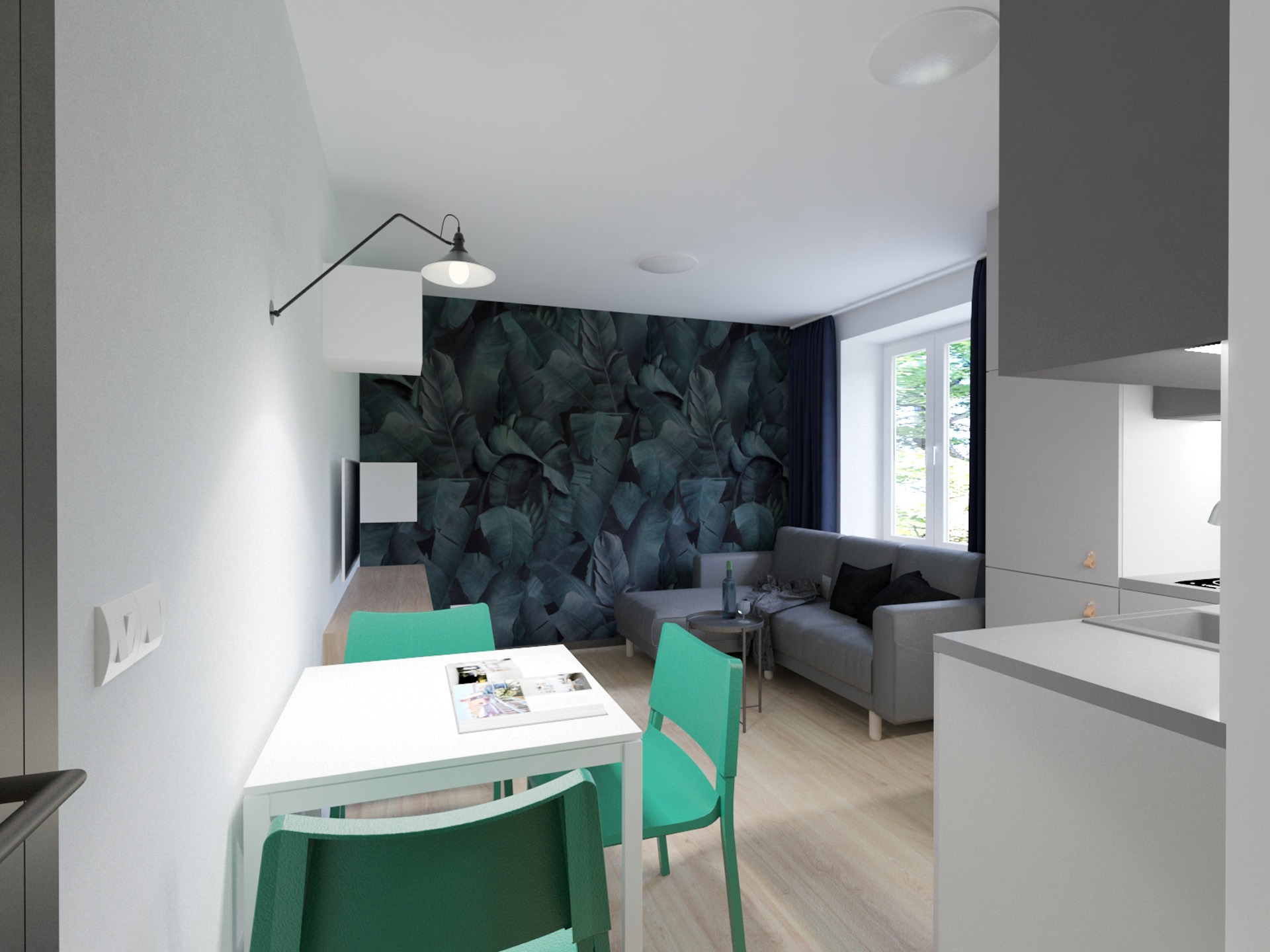 Wizualizacja wnętrza mieszkania: biały stół z zielonymi krzesłami, ściana z motywem liści, szara sofa z czarnymi poduszkami, nowoczesna lampa ścienna.