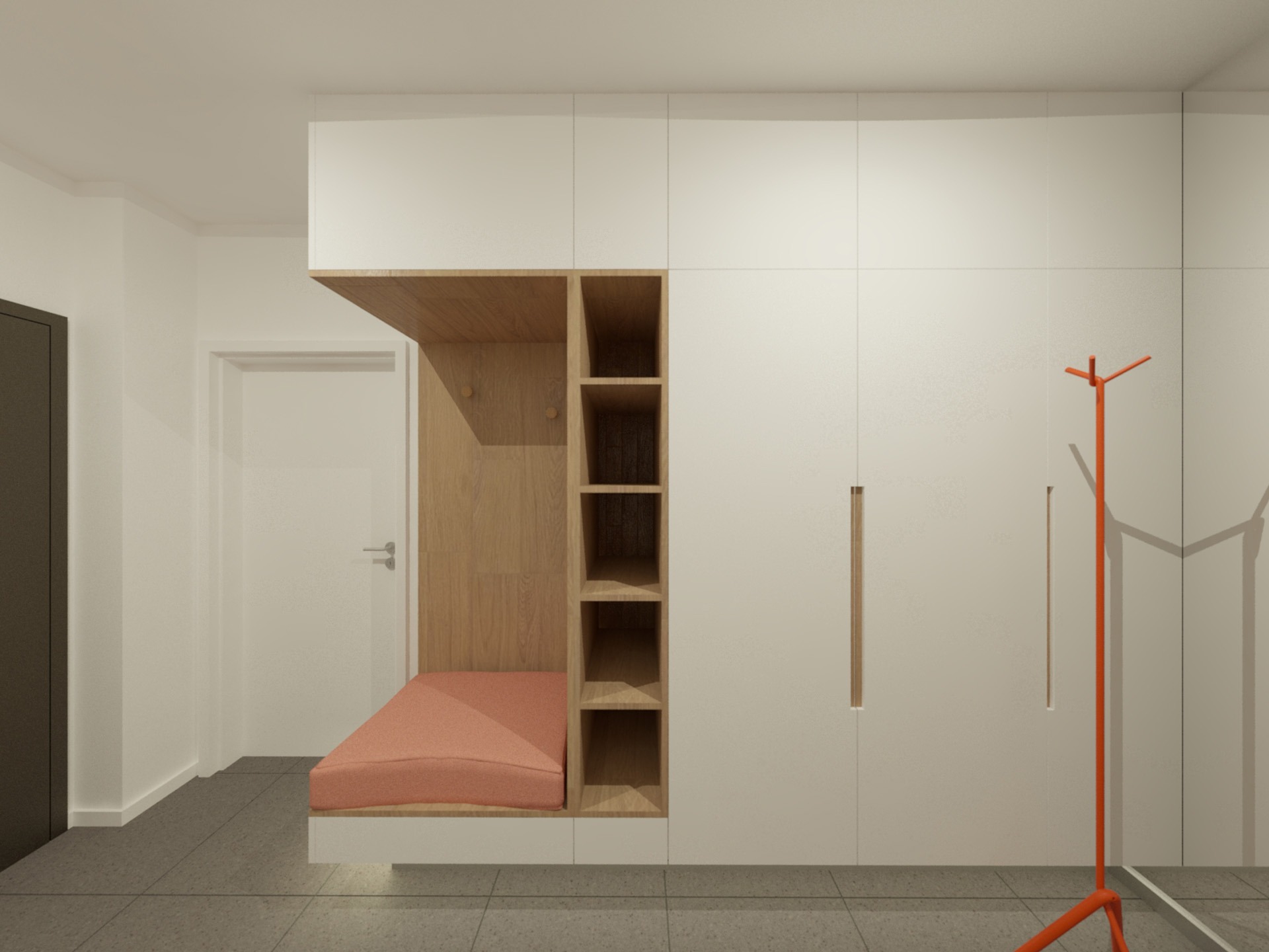 Nowoczesny przedpokój w Krakowie z zabudową meblową: białe szafy z drewnianym regałem i siedziskiem w odcieniu brzoskwini, uzupełniony minimalistycznym pomarańczowym wieszakiem.