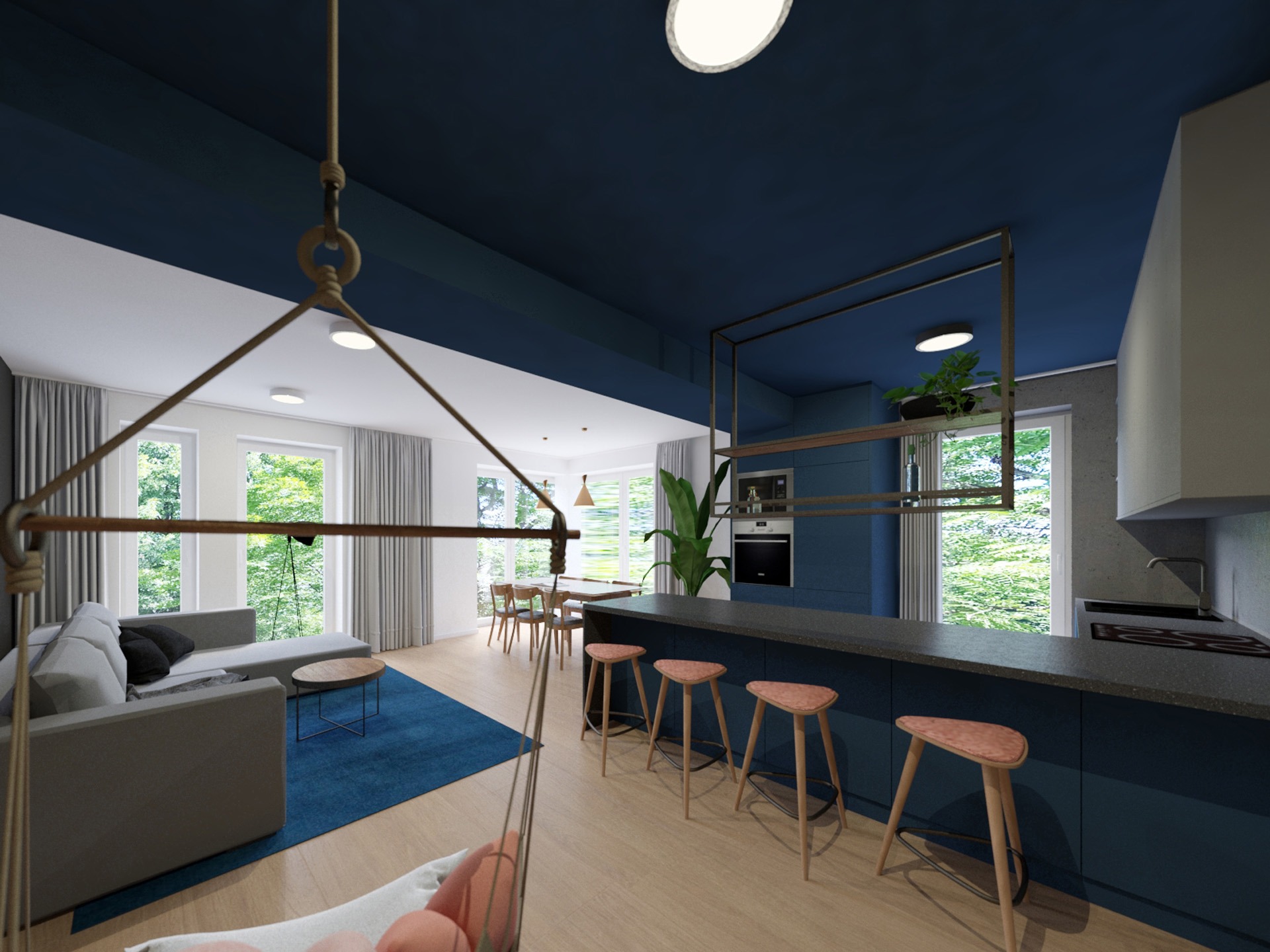 Wizualizacja wnętrza otwartego mieszkania z granatowym sufitem, wyspą kuchenną z hokerami, huśtawką brazylijską i salonem z szarą sofą.