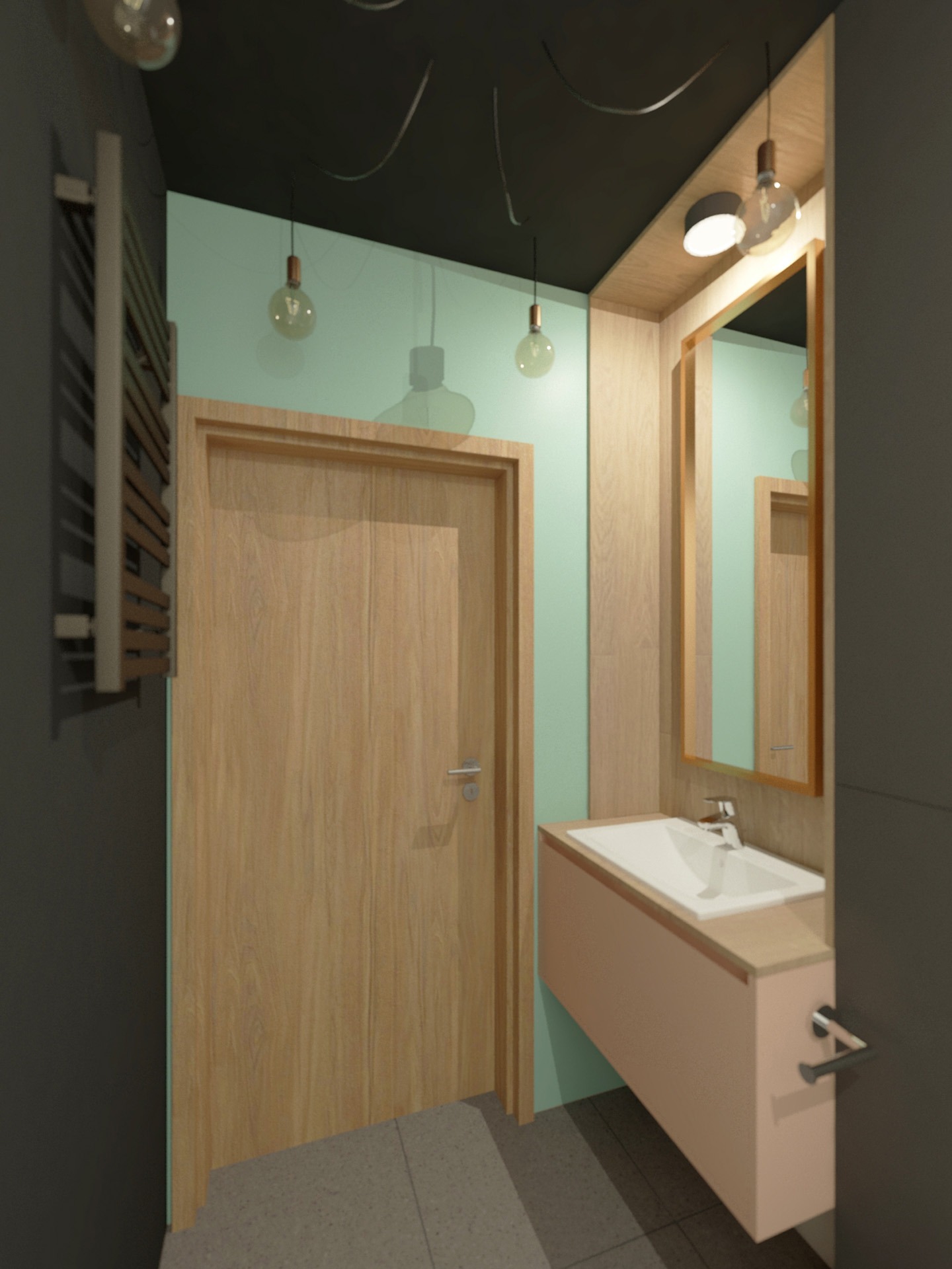 Wizualizacja nowoczesnej łazienki z drewnianymi drzwiami, umywalką na szafce w odcieniach różu, lustrem w drewnianej ramie i minimalistycznym oświetleniem z żarówkami Edison.