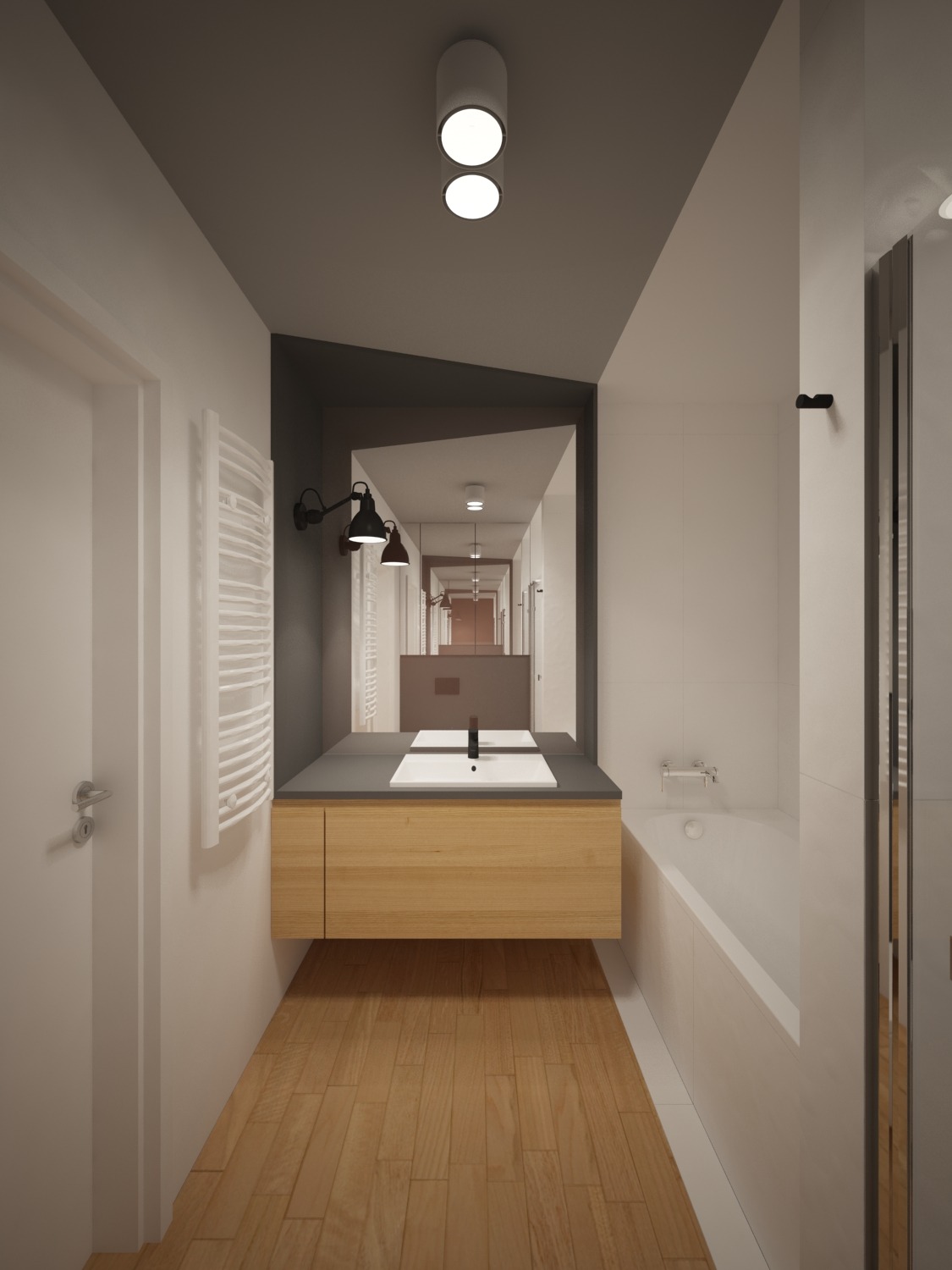Wizualizacja łazienki z drewnianą podłogą i szafką pod umywalką, nad którą wisi podświetlane lustro. Widoczna wanna z białymi płytkami i grzejnik drabinkowy.